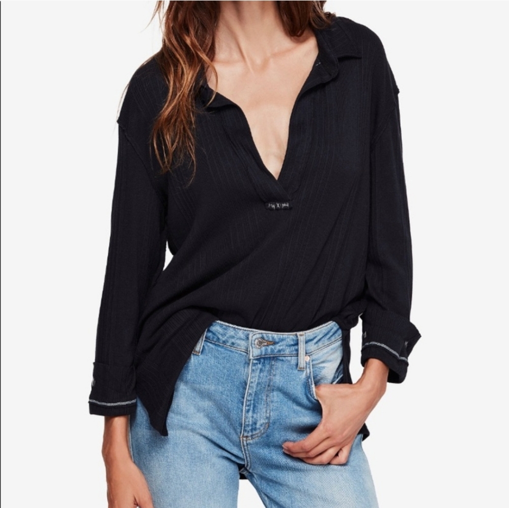 Black Women's V-Neck Long-Sleeve Top